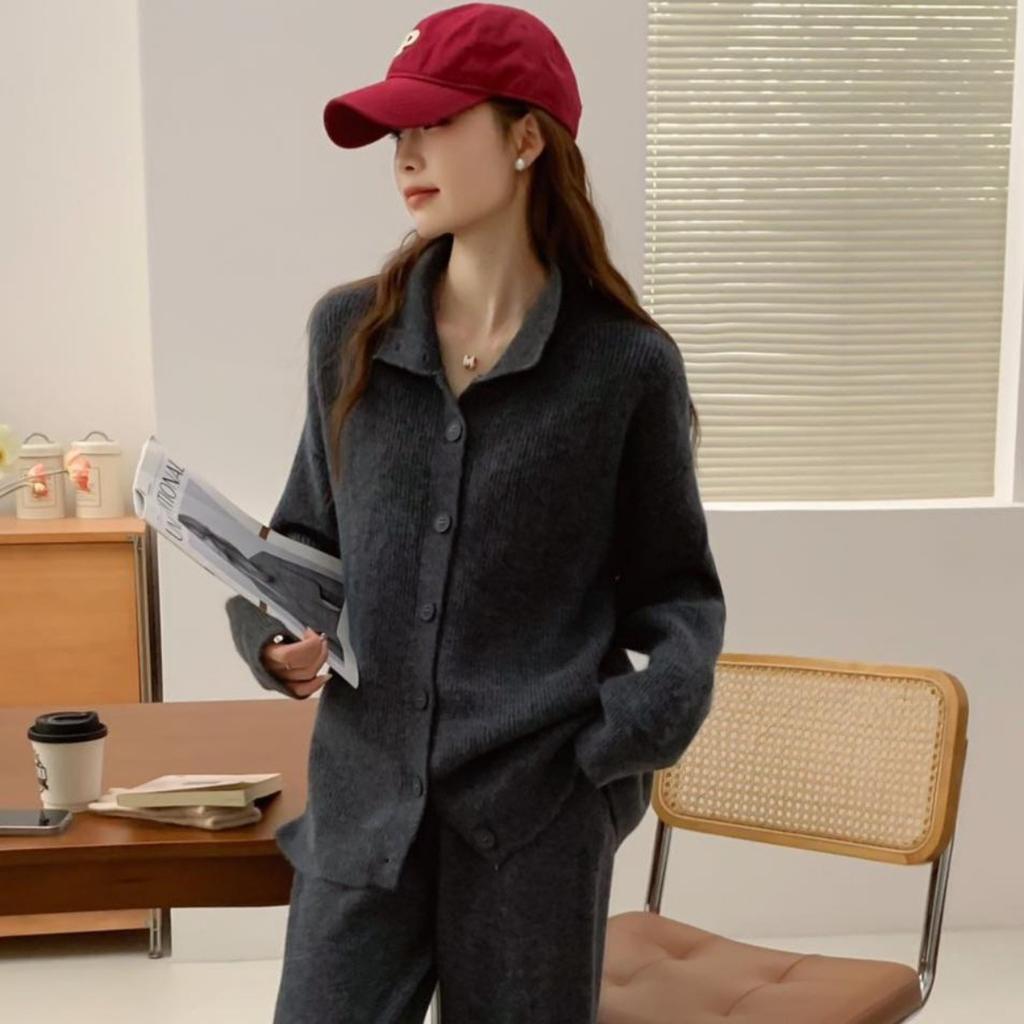 Fashionable Single-Breasted Collared Knitwear Set Women's Autumn/Winter New Arrival Cardigan Sweater Outerwear + Wide Leg Trousers Two-Piece Set
