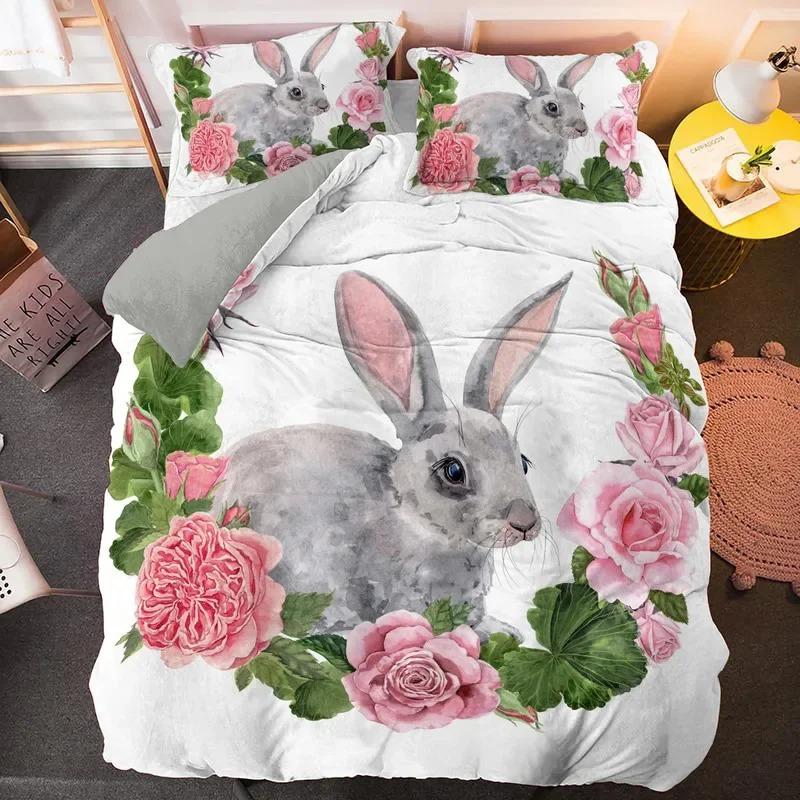 Cartoon Rabbit King Queen Duvet Cover Pet Animal Carrot Bedding Set for Kids Easter Theme Bule Polyester Quilt Cover