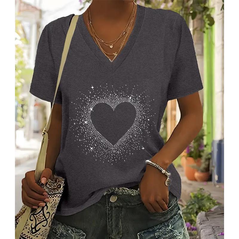 Fashion Love Shape Painting Blouses Short Sleeved V-Neck T Shirts Casual