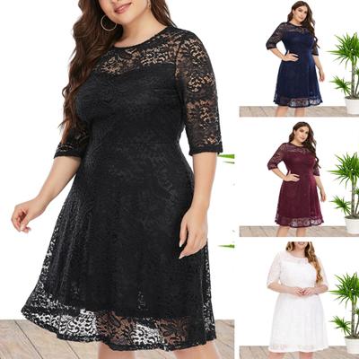 Women O-neck 45720 Sleeve Dress High-Waist Hollow Lace Stitching Elegant Party Dress