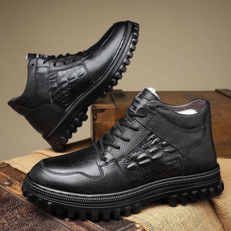 

Европейская станция зимние мужские хлопковые туфли с утолщенной шерстяной подкладкой, теплые мужские туфли, интегрированный мех, зимние ботинки, нескользящие хлопковые кожаные туфли с высоким верхом 44 чёрный