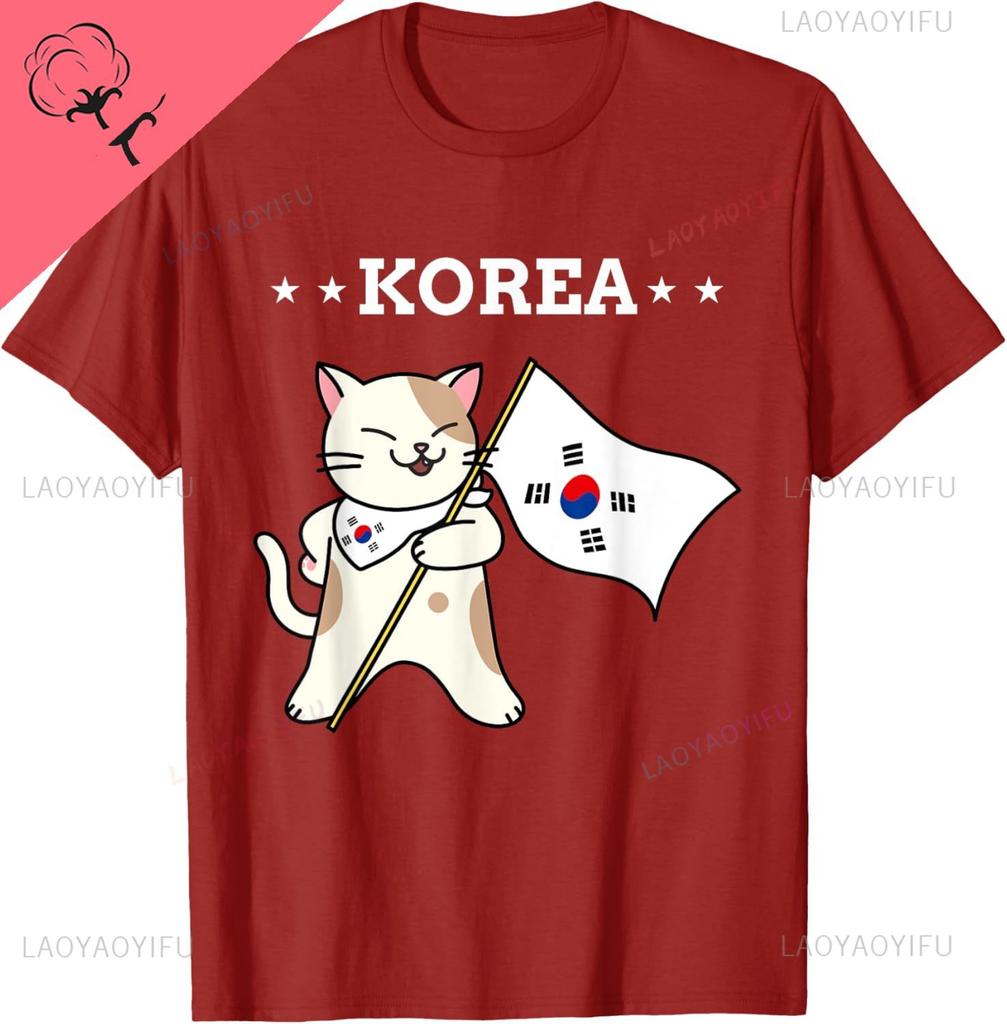 Koreanische Flagge & Katze | Südkorea T-Shirt Kundenspezifische Grafik T-Shirts Kawayi Kurzarm Lustiges Shirt Camisas Streetwear