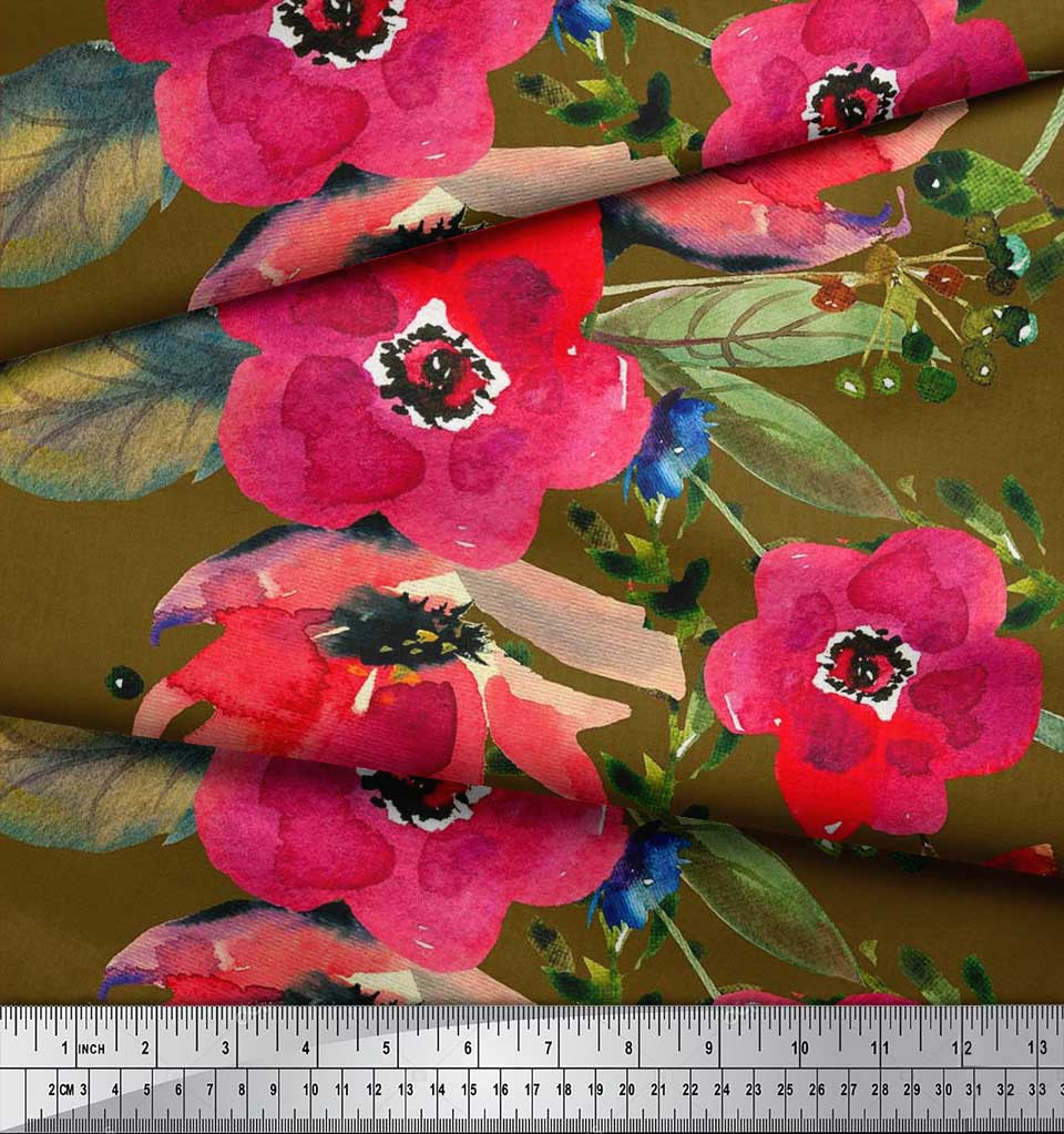 Soimoi Japan Crepe Satin Fabric Leaves & Poppy Flower Print Sewing Fabric Metre 42 Inch