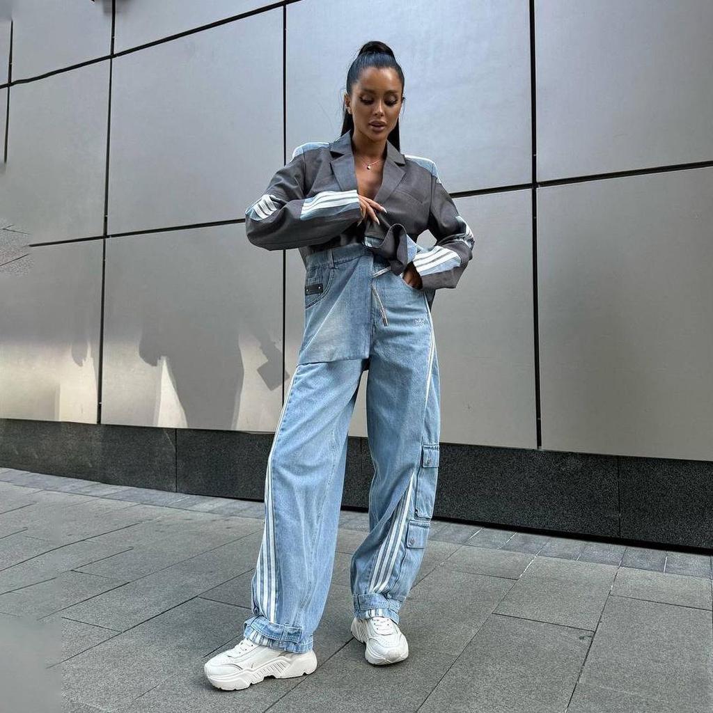 Vysoko módna džínsová patchwork bunda: Jesenné voľné, nadmerné veľkosti, trendy, všestranné dámske streetwear