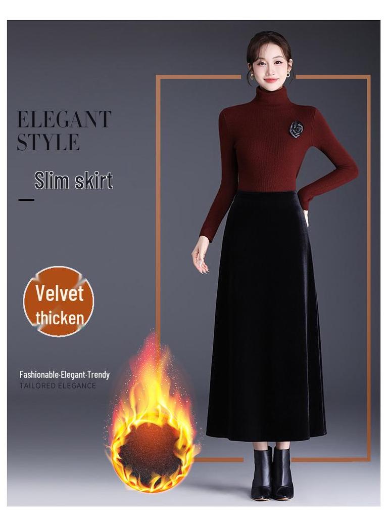 Golden Velvet A-line Skirt, Winter 2025, Elegant Korean Style, High-Waisted, Mid-Length, Slimming, Large Hem.
