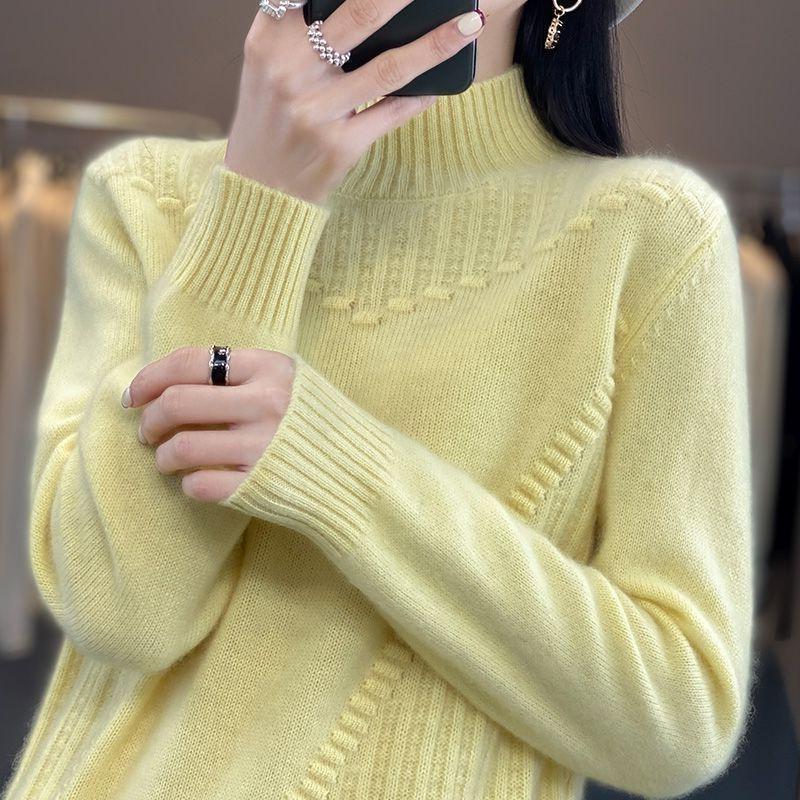 

Женский свитер с полувысоким воротом, плотный, однотонный, повседневный, свободный и утягивающий, вязаный свитер 3XL лимонно-желтый