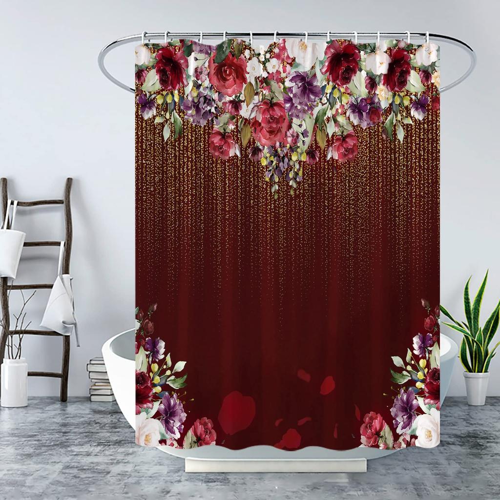 Red Rose Shower Curtain Retro Rose Floral Bathroom Decor Bath Curtain Polyester Fabric Waterproof Bathroom Curtains With Hooks