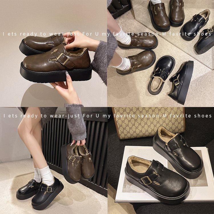 [Ushilai] British style velvet loafers women's winter 2025 new thick-soled casual versatile one-pedal