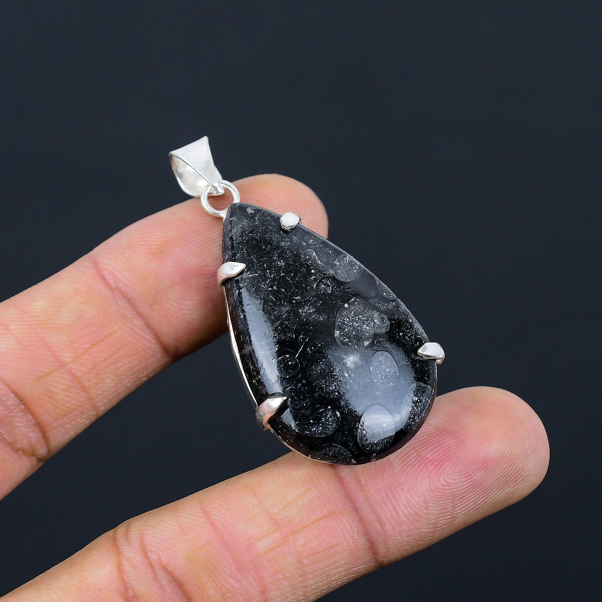 

Womens day Sale Sterling Silver Black Fossil Coral Gemstone Wife Pendant Jewelry