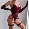 European and American Women Sexy Sheer See Through Bodysuit Patchwork Mesh Lingerie Shapewear with Straps and Gloves