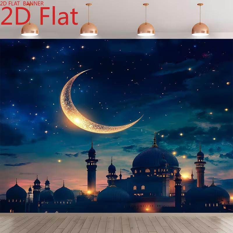 2D Islamic Mosque Crescent Moon Backdrop, Ramadan Festival Photography Background