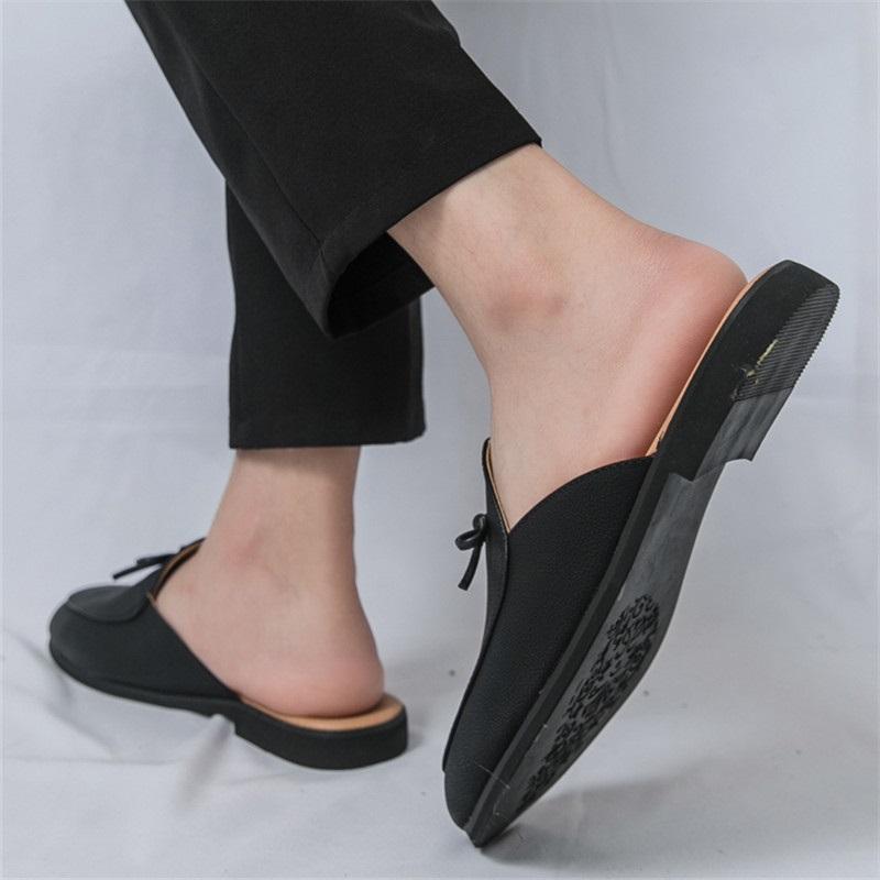Fashion Designer New Men's Black Bowknot Half Slippers Driving Shoes Casual Pu Leather Mules Moccasins Breathable Loafers Zapatos Hombre