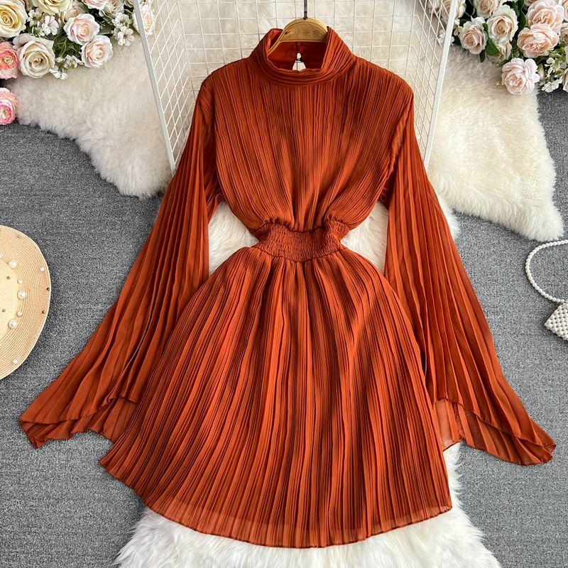 

Lady Socialite Horn Long Sleeves Stand Collar Chiffon Dress Orange Red All yards