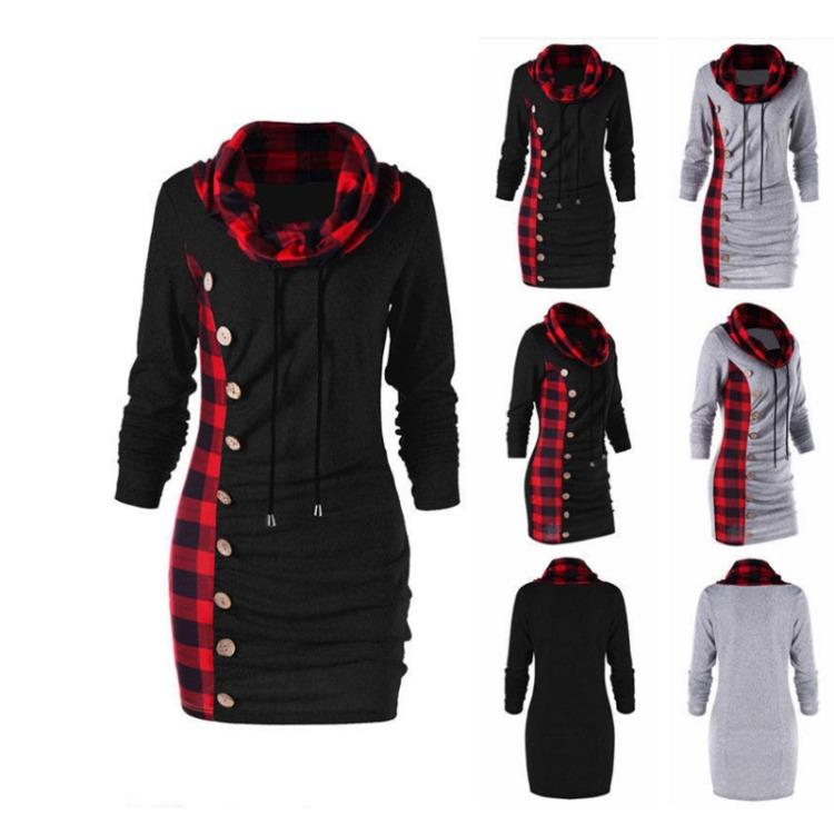 Women Casual Plaid Long Sleeve Sweater Blouse Drawstring Button Stitched Fashion Top Qunide