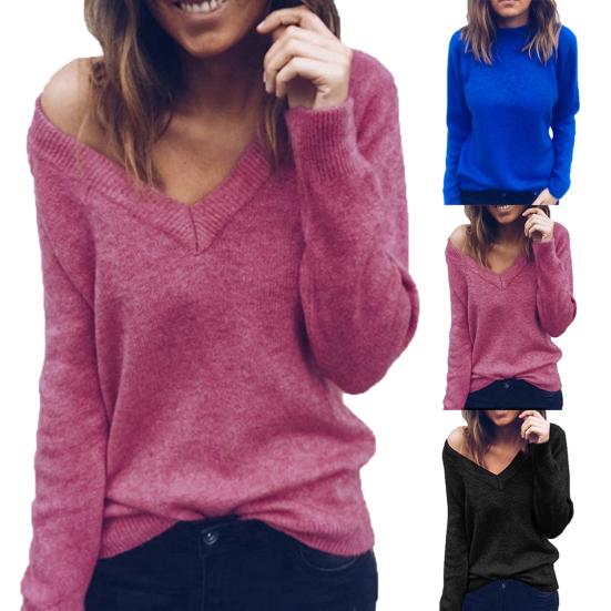 Winter Chic Lady Solid Color V Neck Long Sleeve Casual Pullover Knitted Blouse