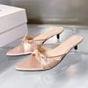 Fashion Women Slippers Fashion Bow Pointed Toe Shoes Elegant Dress Woman Heeled Sandals 2025 Sexy New Slides Luxury Sandalias De Mujer