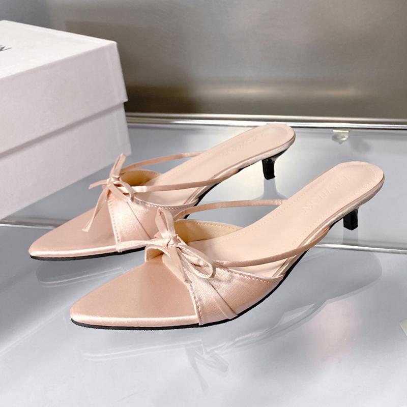 Fashion Women Slippers Fashion Bow Pointed Toe Shoes Elegant Dress Woman Heeled Sandals 2025 Sexy New Slides Luxury Sandalias De Mujer