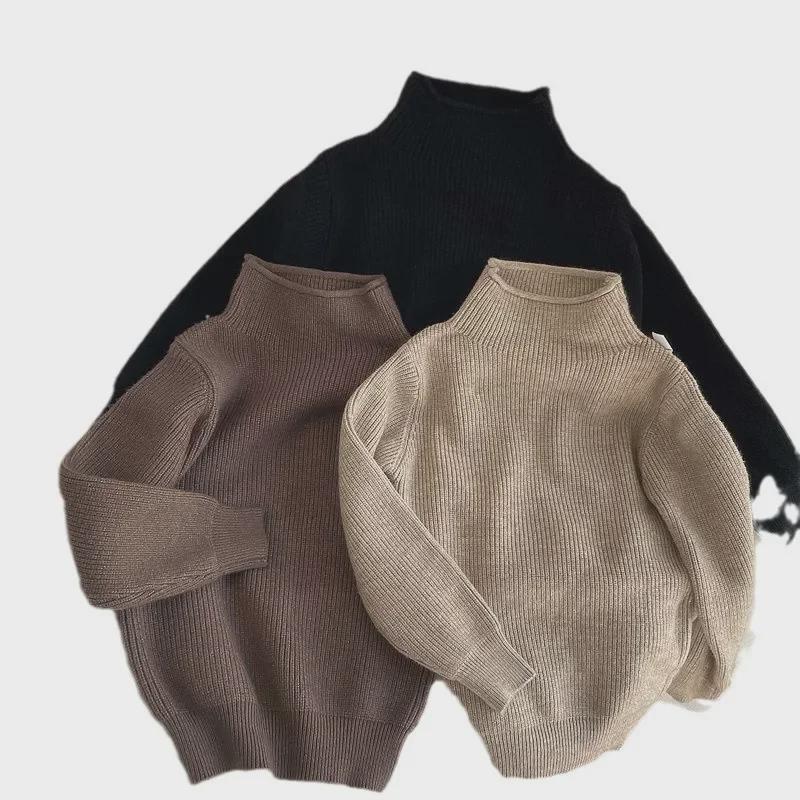 Ready Stock: Korean Kids' Half-High Collar Solid Color Knitted Pullover for Boys & Girls - Spring/Autumn