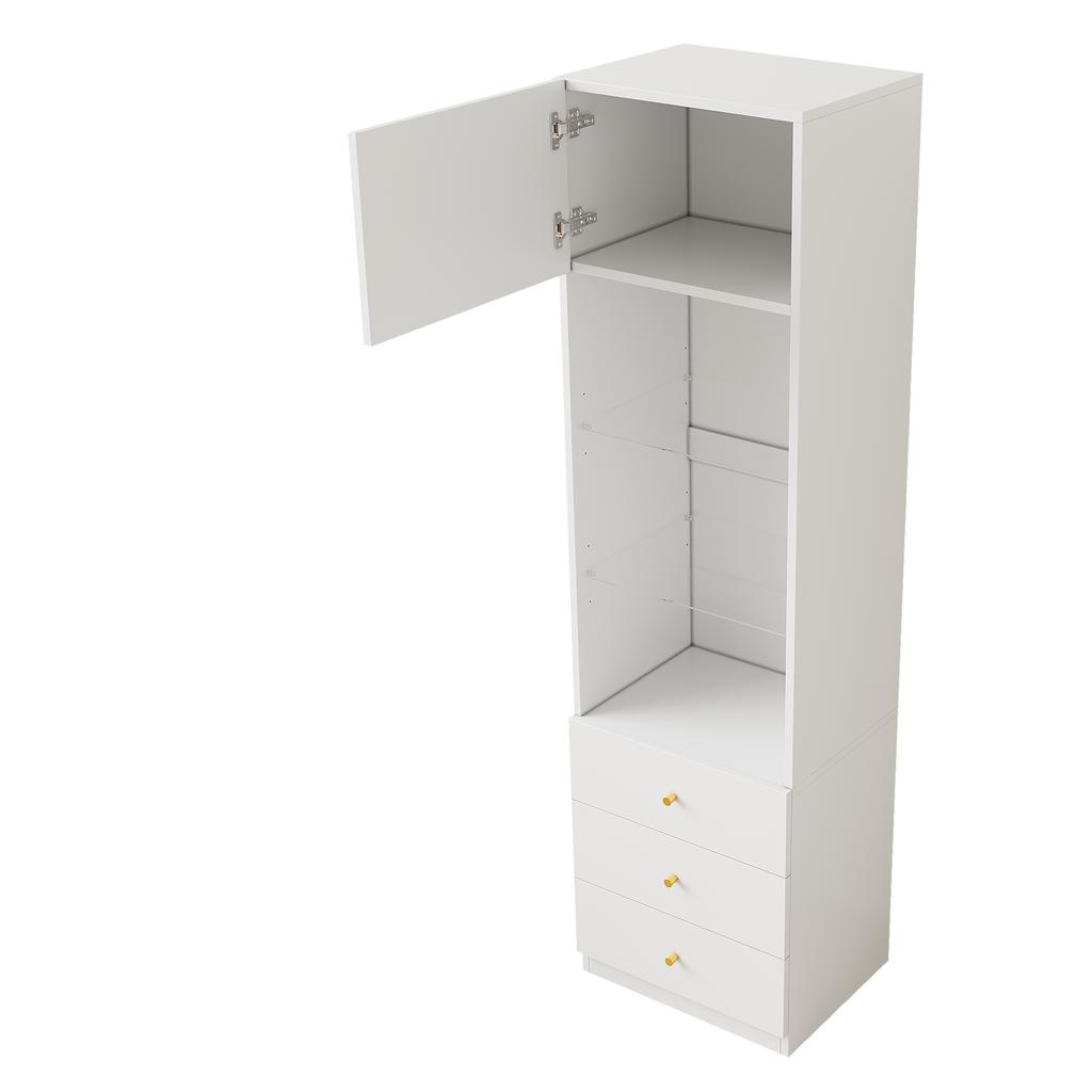 Vetrina, Armadio Alto, Armadio Contenitore, Libreria, con Scomparti Aperti, con Cassetti, Ripiani in Vetro Regolabili in Altezza, Bianco, 50×40×180 cm