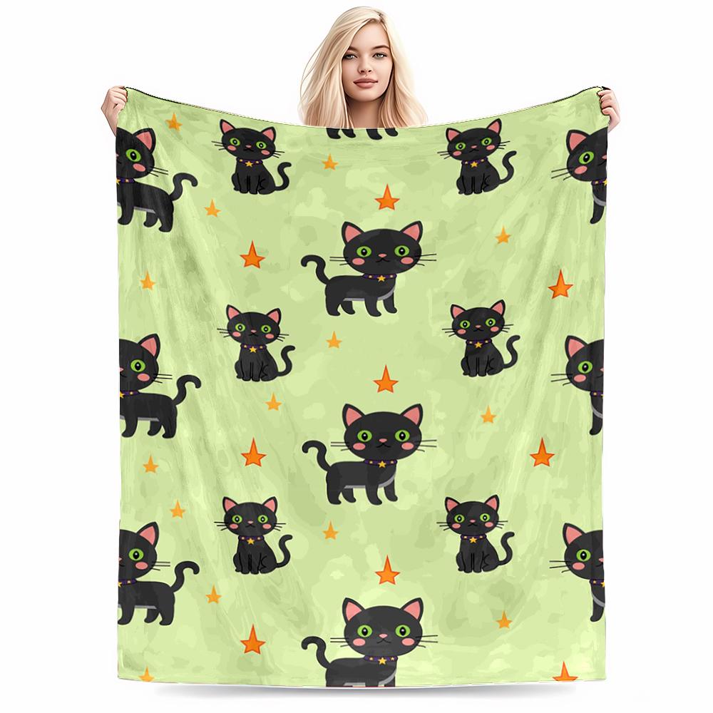 Cute Black Cat and Star Pattern Flannel Blanket for Bedroom, Living Room, Sofa, and Nap