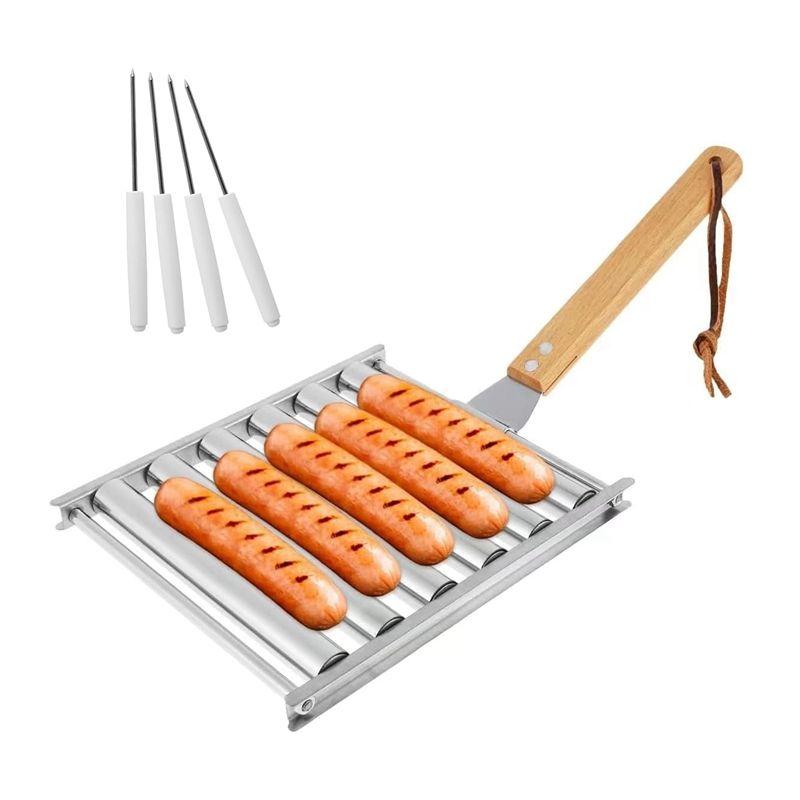 AEE2-Hot Dog Roller, Stainless Steel Sausage Roller Rack With Wood Handle, BBQ Hot Dog Griller For Evenly Cooked Hot Dog