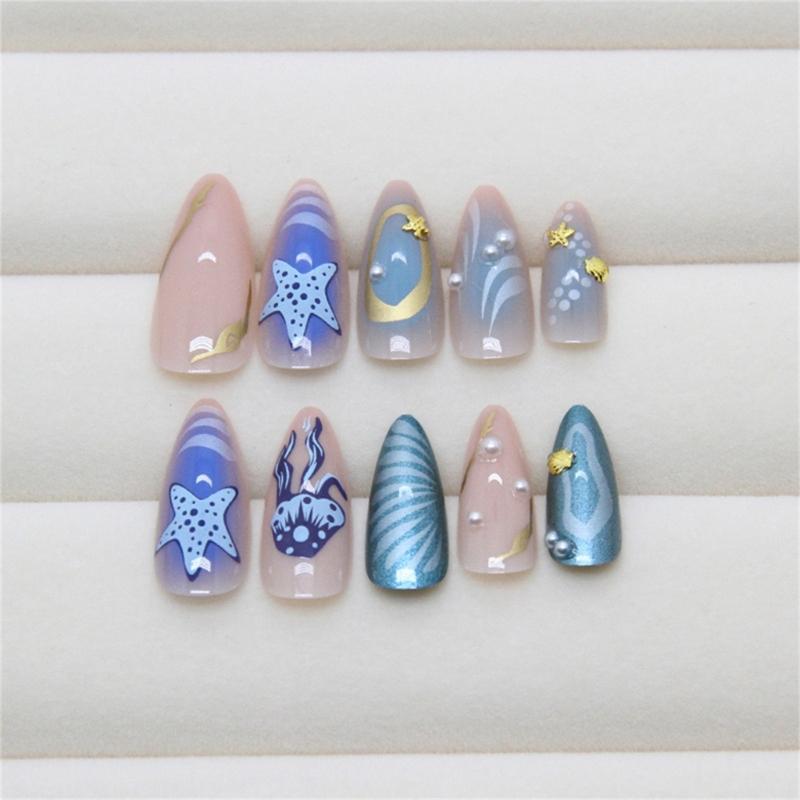 24 Pcs Almond Shaped Stick On Nail Glossy Press On Nail Reusable False Nail Ocean Star Jellyfish Acrylic Nail