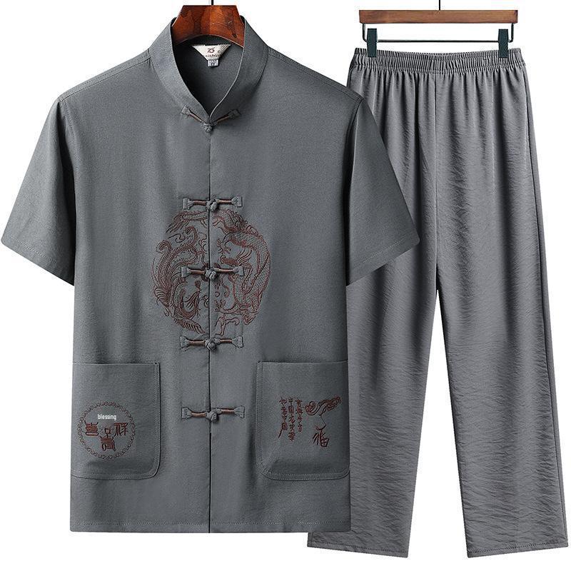 Men's Summer Ice Silk Tang Suit: Thin Retro Hanfu Set with Frog Button Embroidery for Middle-Aged and Elderly.