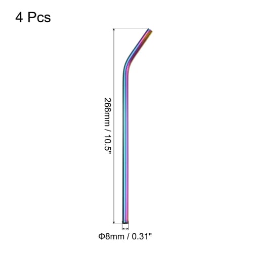 uxcell Reusable Metal Straws, Curved Drinking Straws, 4-Pack, Stainless Steel, 266mm x 8mm, for Milkshakes, Beverages, and Juices, Rainbow Colors