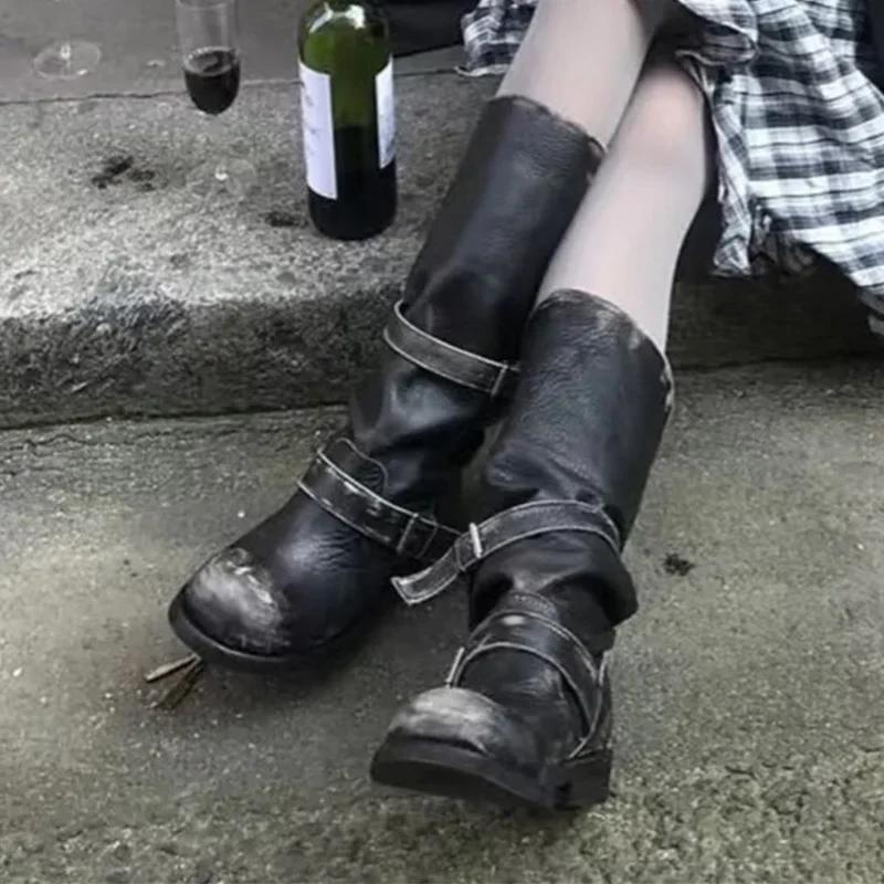 Mid Calf Women's Boots Flats Designer Knee High Leather Shoes  Winter Goth Trend Motorcycle Boots New Retro Mujer De Botas