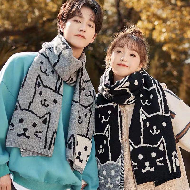 Winter New Couple Scarves Knit Wool Unisex Student Wrap Korean Style Cat Cute Cartoon Thick Warm