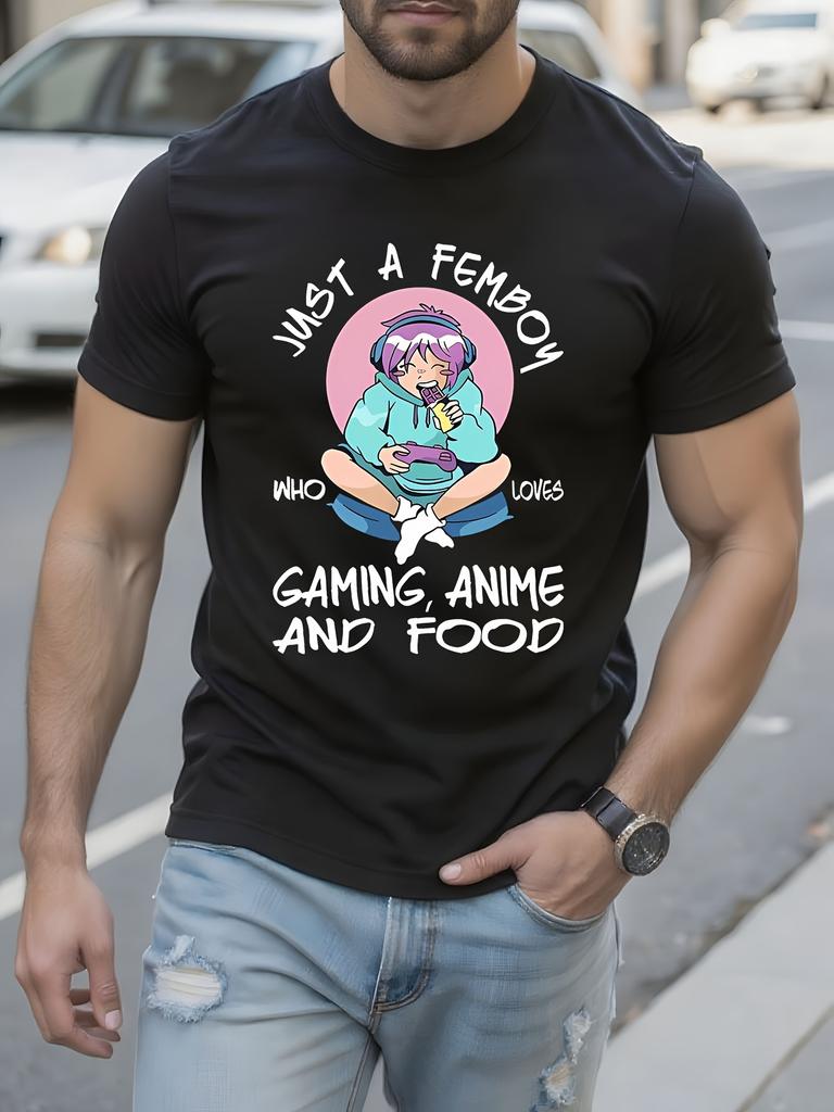 Anime Gaming Tshirt Just a Femboy Who Loves Anime Food Gr...