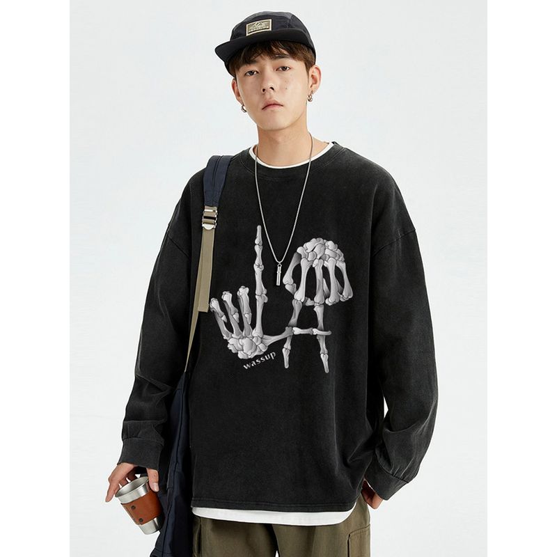 Wassup Heods National Trend Retro Washed Long-Sleeved T-Shirt for Men, Versatile Loose Oversize T-Shirt for Spring and Autumn