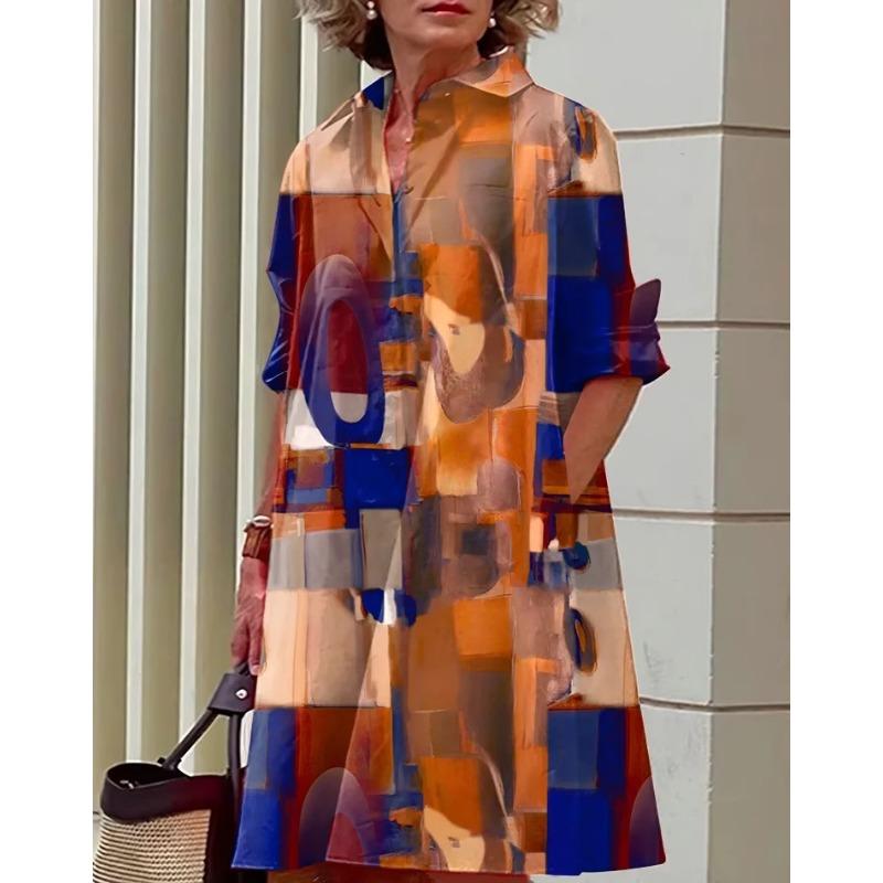 Novos produtos de outono, camisa com gola estampada de bolinhas de temperamento fashion, manga comprida, vestido médio e longo