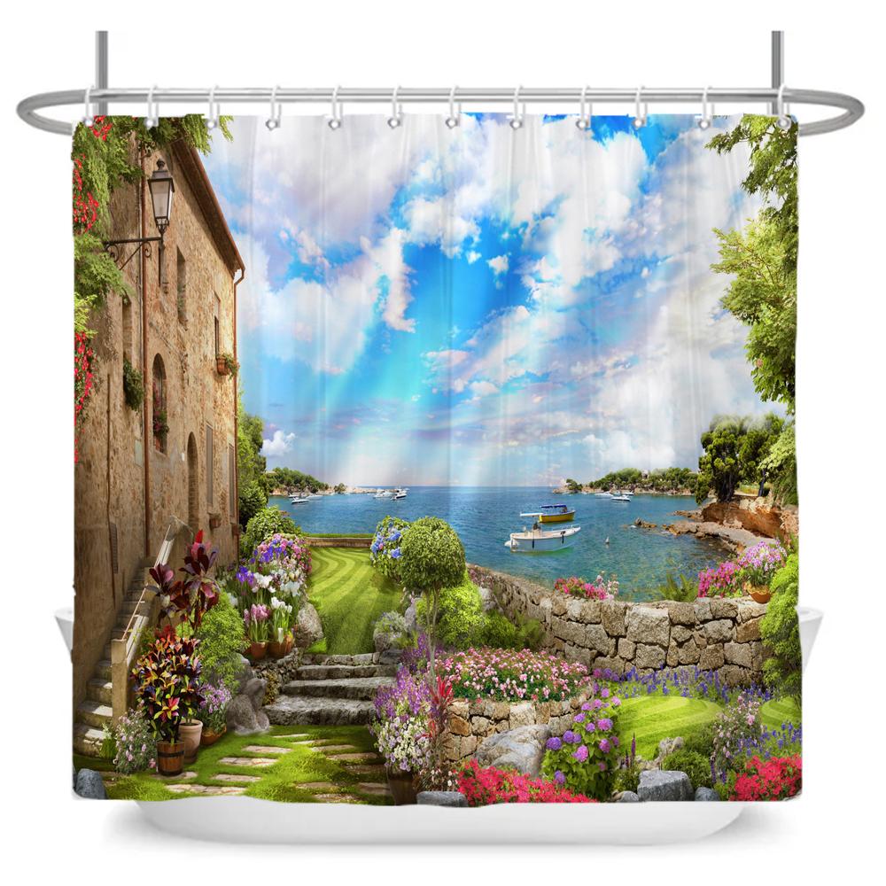 Beautiful Seaside Garden 3D Print Shower Curtain Rural Flower Scenery Bathroom Waterproof Bathtub Curtain Home Decor With Hooks