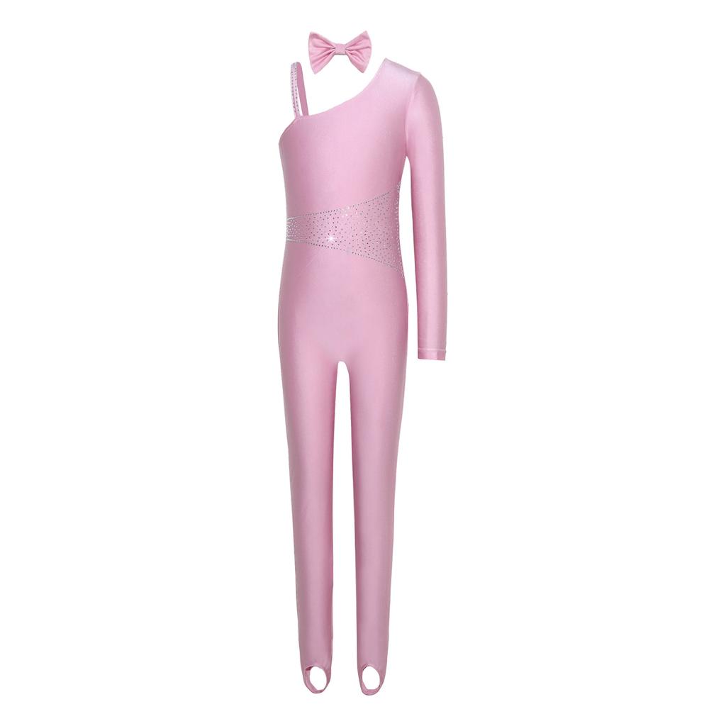 Girls Cat Cosplay Leotard Jumpsuit Sparkly Rhinestones Asymmetrical Sleeves with Tail Long Pants and Bowtie for Halloween Costume Party