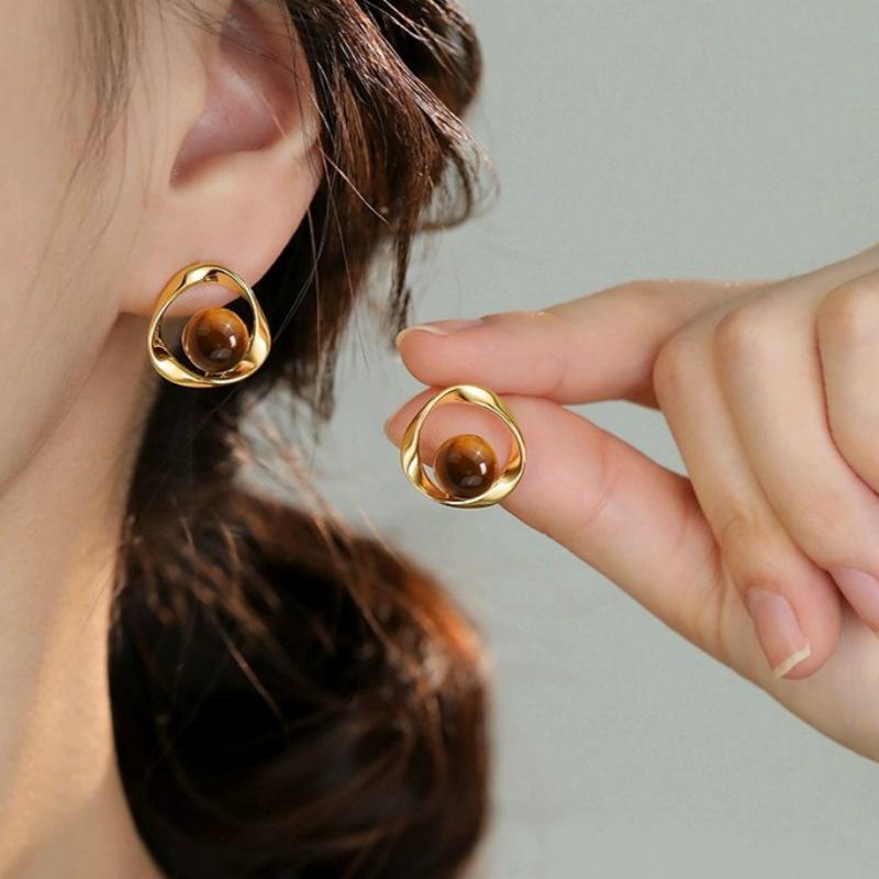 Tiger Eye Hoop Stud Earrings - Retro Light Luxury 2025 Women's Trendy Accessories