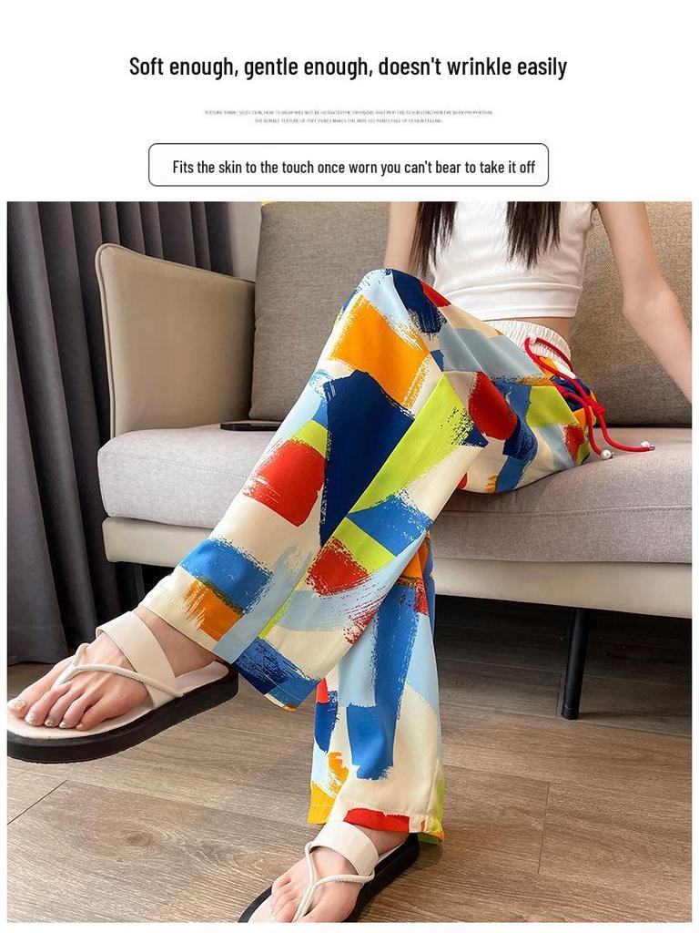 Plus Size Women's High-Waisted Tie-Dye Wide-Leg Summer Pants - Ice Silk, Slimming, Casual, Loose, and Draping.