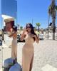 European-American Bestseller: Double-Side Slit Spaghetti Strap Knit Dress