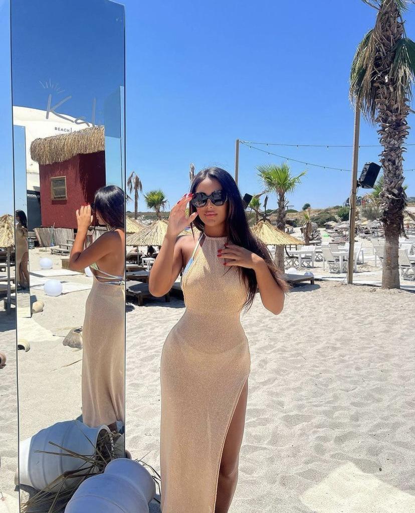 European-American Bestseller: Double-Side Slit Spaghetti Strap Knit Dress