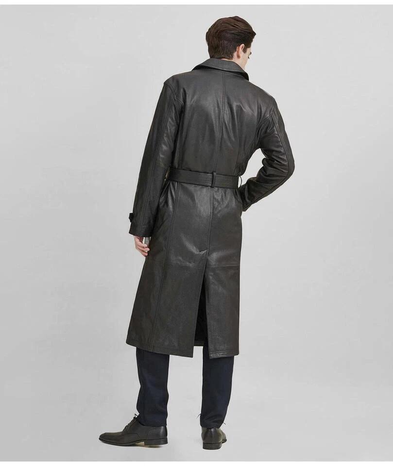 Handgjord Mode Formell Original lammskinn Läder Svart Lång Trenchcoat Kappa