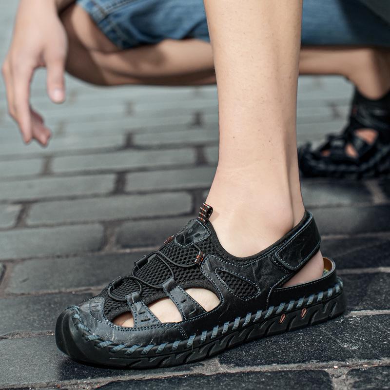 Men's Handmade Velcro Cowhide Mesh Beach Sandals - Summer Casual Breathable Outdoor Shoes