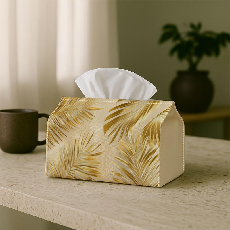 1pc Luxury Tropical Elegant Tissue Holder | Versatile Napkin Dispenser, Ideal for Home, Gatherings, Car Decor with Golden Palm Leaves - Stylish Tissue