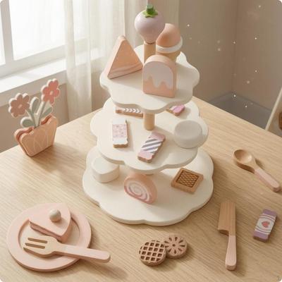 Tiered Dessert Stand Playset Wooden Afternoon Tea Pastel for Children
