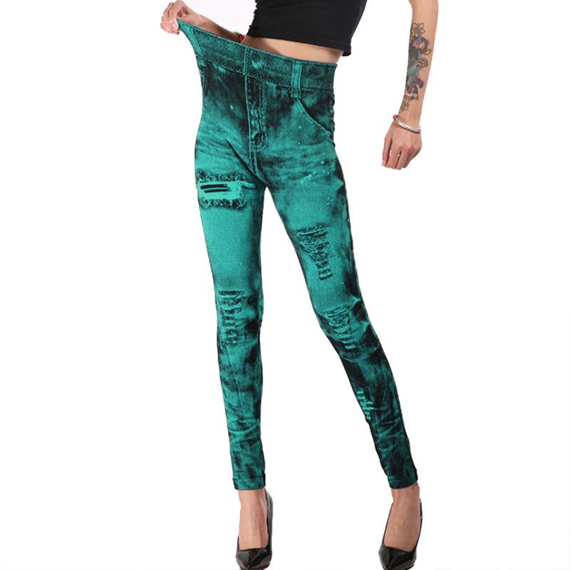 Collant sui fianchi da donna Pantaloni a matita Jeans imitazione Jeans leggings slim elasticizzati alla moda