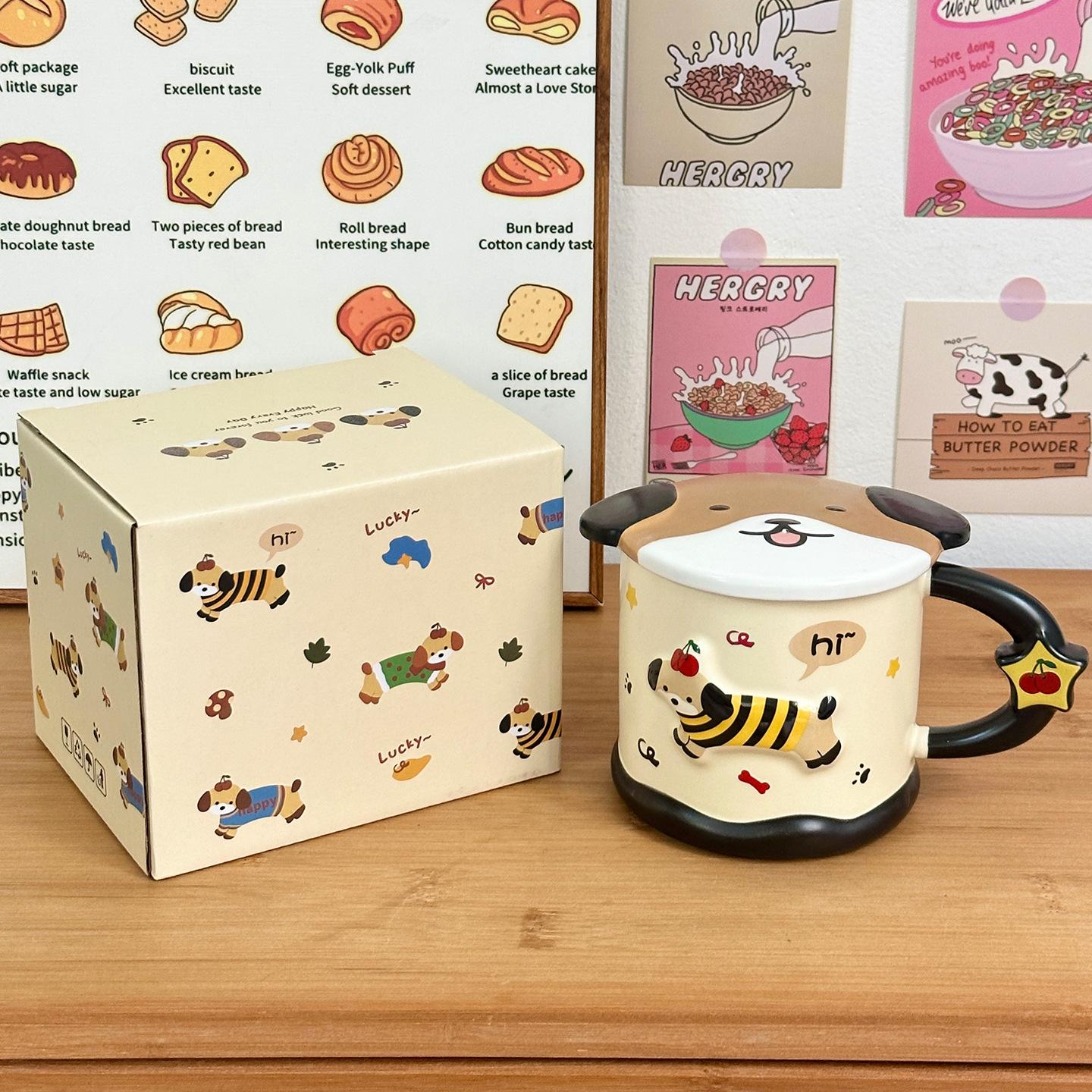 

Smart Dachshund Ceramic Cup Mug Student Water Cup with Lid Household Souvenir Birthday Gift Couple Cup 301-400ml