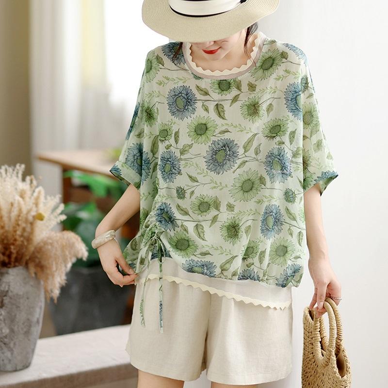Short sleeve Oversized vintage floral Casual loose t shirt tops Women summer t-shirt