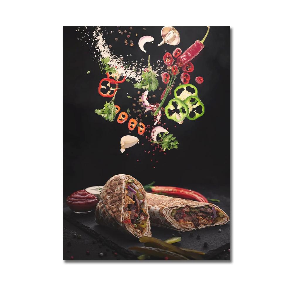 Köksposter Pizza Biff Sallad Hamburgare Burrito Bilder Restaurang Väggkonst Tryck Västkök Canvasmålning Ingen Ram
