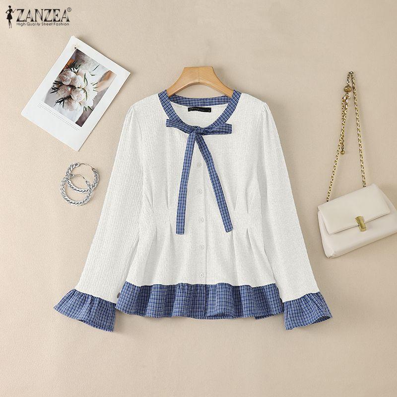 ZANZEA Womens Round Neck Casual Plaid Patchwork Long Sleeve Blouse