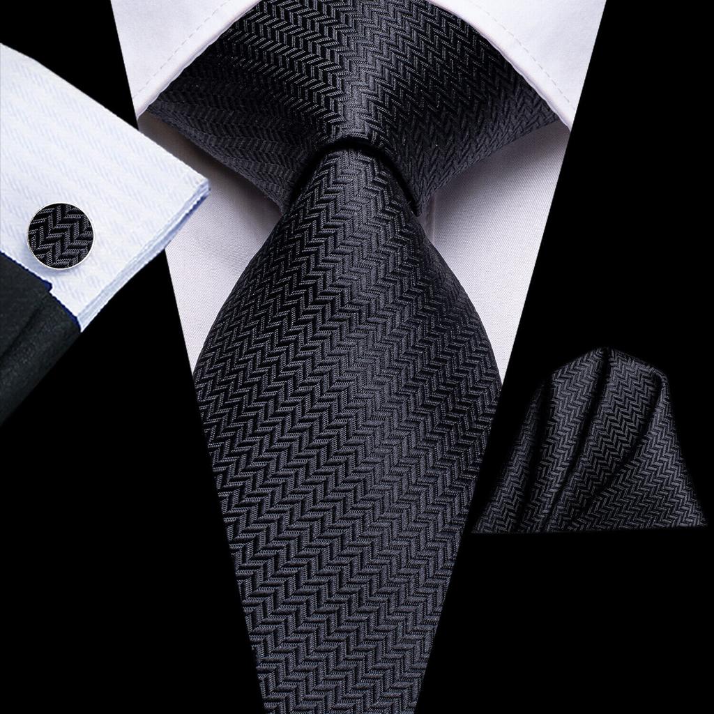 Hi-Tie Cravatta classica in seta da uomo con gemelli e fazzoletto in jacquard a righe blu e oro