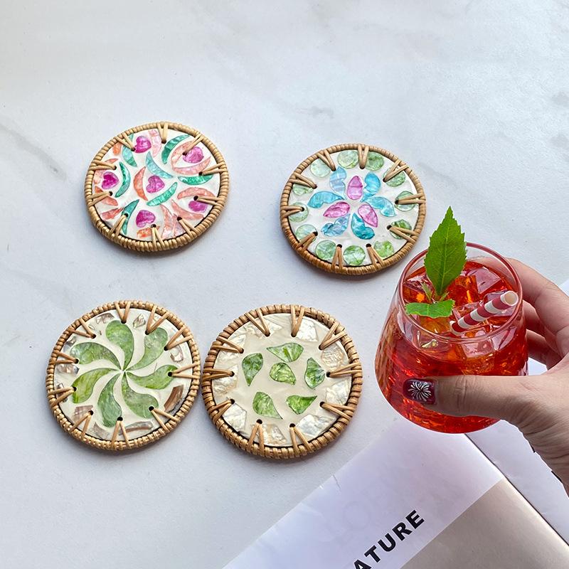 Amazon Rattan Hand Woven Colored Shell Tea Cup Pad Circular Heat-resistant Insulation Pad Household Teapot Pad Coaster